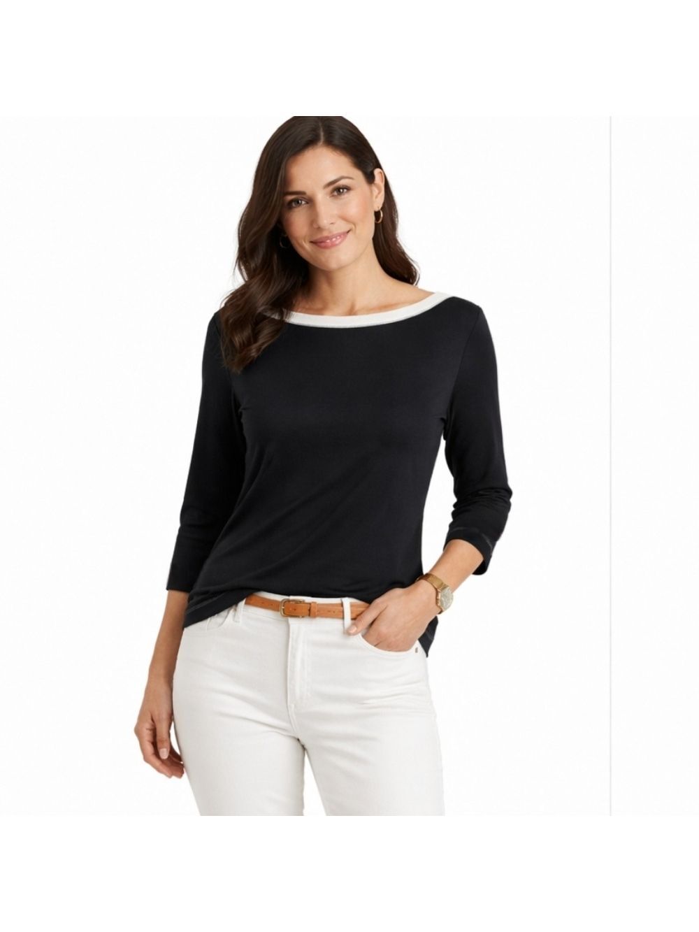 Lauren Ralph Lauren Black Boatneck Button Shoulder Top Medium